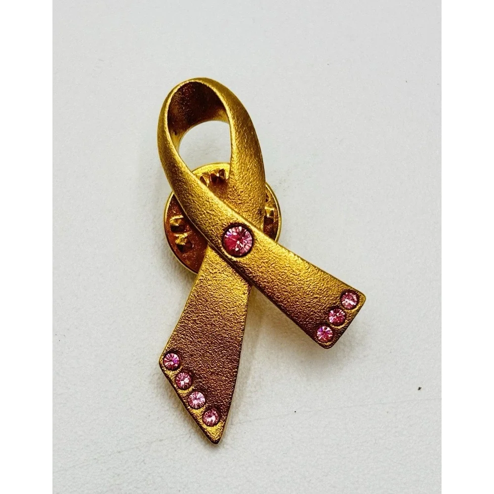 Avon Pink Ribbon Breast‎ Cancer Awareness Rhinestone Gold Tone Lapel Pin